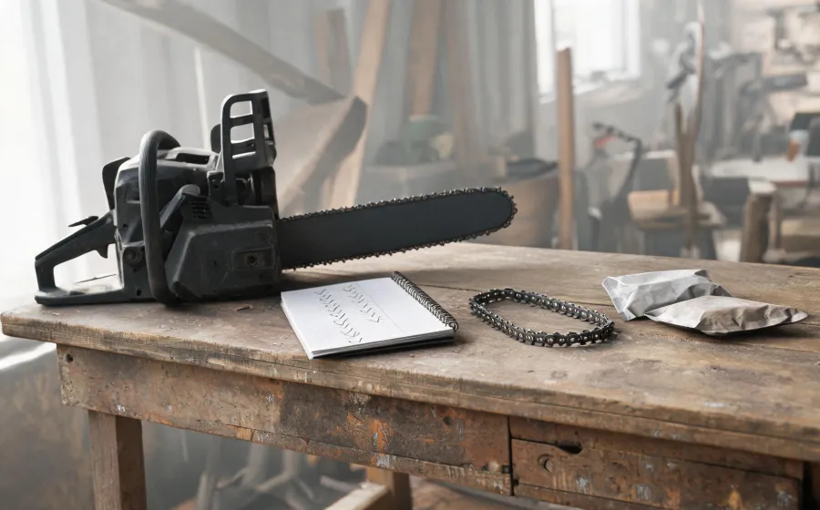 Chainsaw purchasing checklist on a workshop desk