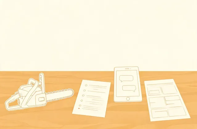 Illustration of a chainsaw procurement brief and communication workflow