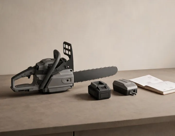 Electric chainsaw and removable battery on a workshop bench